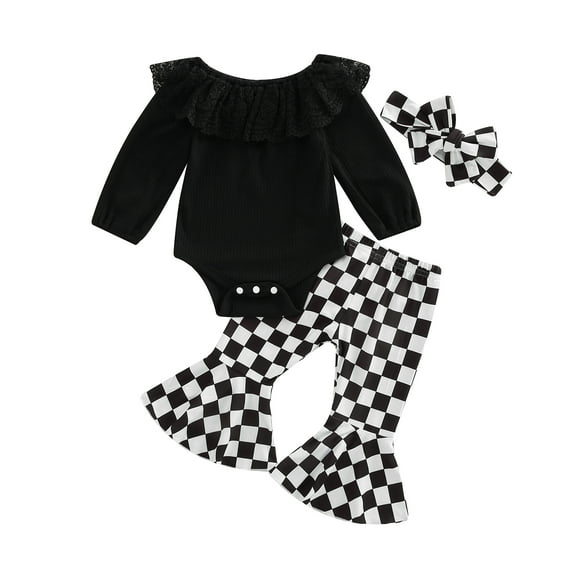 Baby Girls Clothes Sets 3pcs Ruffles Long Sleeve Solid Romper Checkerboard Plaid Bell-Bottomed Pants