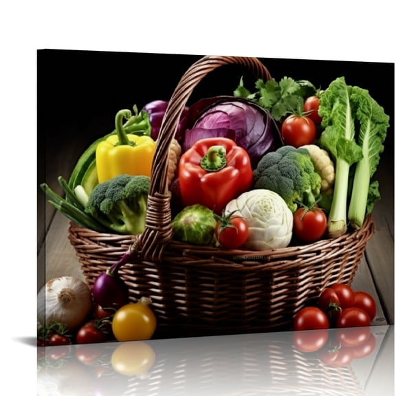 COMIO Kitchen Picture Wall Decor Fruits and Vegetables in Basket Canvas Prints Various Food Paintings Dining Room Decor