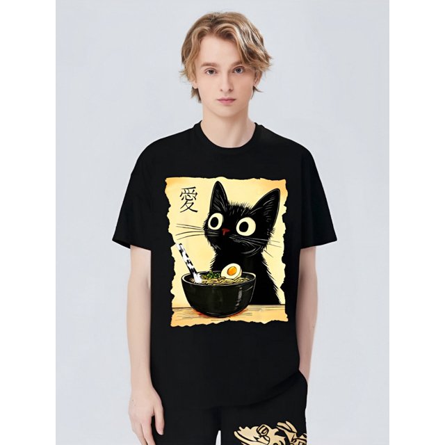Men's Adult Graphic tee T-ShirtFunny Cat Ramen Graphic Japanese Kawaii Anime Cat T-Shirt-220g 100% Cotton Tee For Adult, Men, Women, Teen, Teenager, Adolescent, YouthFather's Day, Mother's Day, New