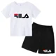 thumbnail image 4 of Conjunto de 2 piezas de camiseta y pantalones cortos con letras de marca de moda de verano para niños y niñas de 3 a 13 años, top informal de manga corta, conjunto deportivo Sunshine, 4 of 5