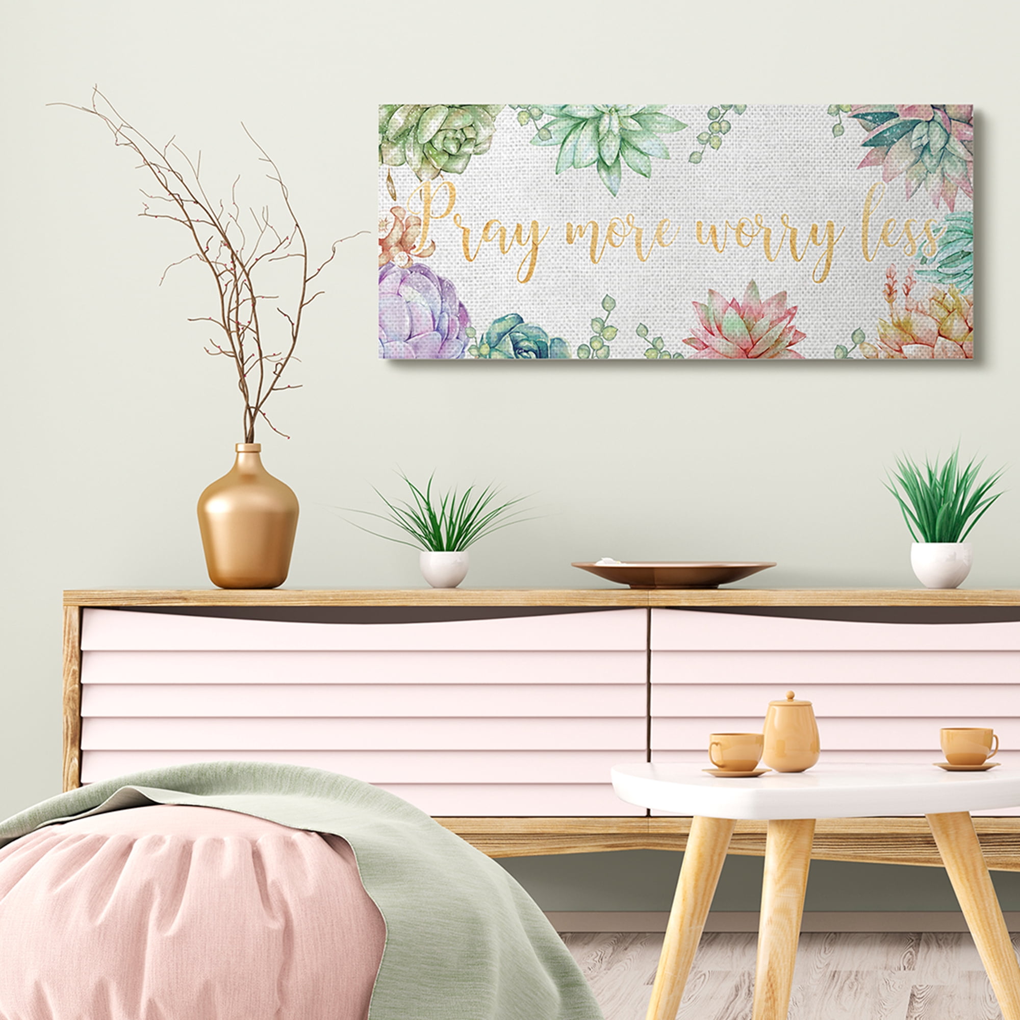Stupell Industries Pray More Worry Less Phrase Spring Succulent Plants Botanical & Floral Painting Gallery Wrapped Canvas Art Print Wall Art, 17 x 40