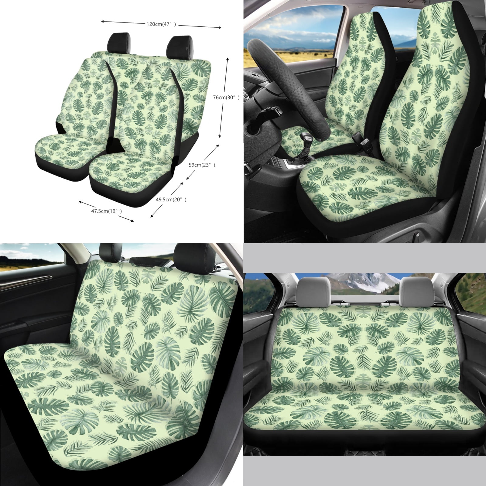 Jeiento Green Leaves 14 PCS Car Seat Cover Full Set with Auto Steering Wheel Cover Seat Belt Strap Pads Cup Coasters Trash Bag Rearview Mirror Cover Armrest Cover Pad Handbrake Cover Set Accessory