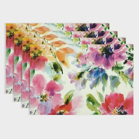 

PRATYUS Flowers Watercolor Painting Art Placemats Set of 4 - Linen Table Pads for Birthday Parties Christmas Home Decoration 18x12in