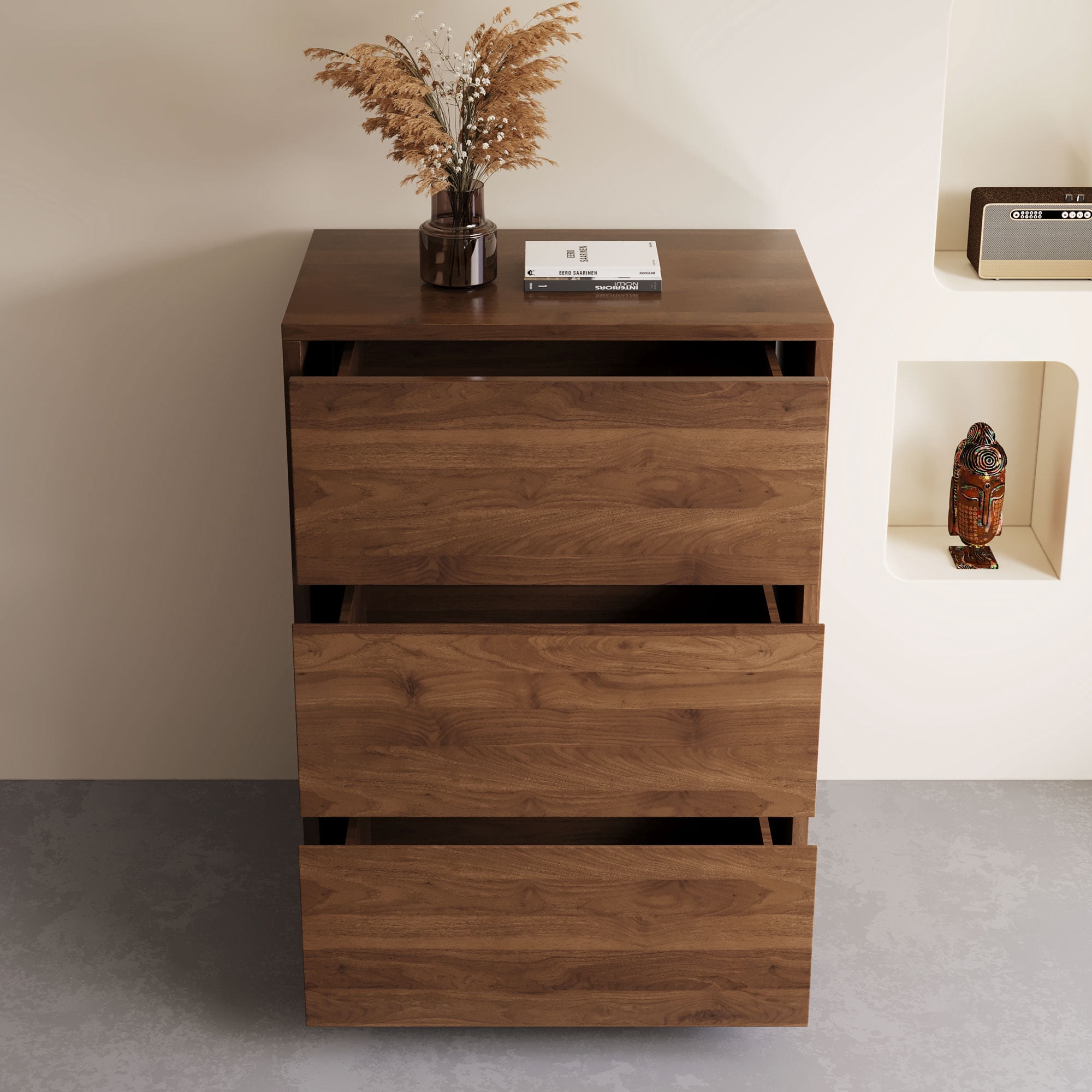 NessCarsti Modern Storage Cabinet with 3 Drawers and Shelves, Walnut Brown, 23.62"