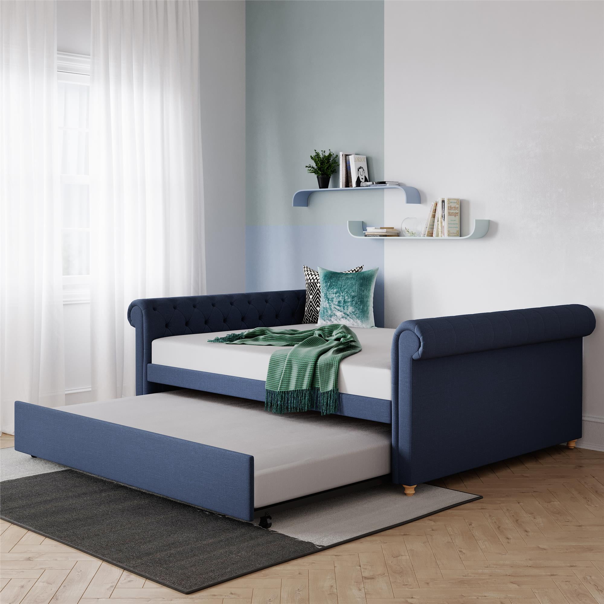 DHP Sophia Upholstered Queen Daybed and Full Trundle, Navy Blue Linen