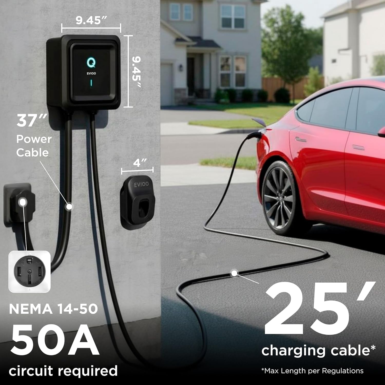 EVIQO NACS Charger for Tesla - 40 Amp 240V Plug-in Level 2 EV Charger w NEMA 14-50 Plug, 25ft Cable, Smart App