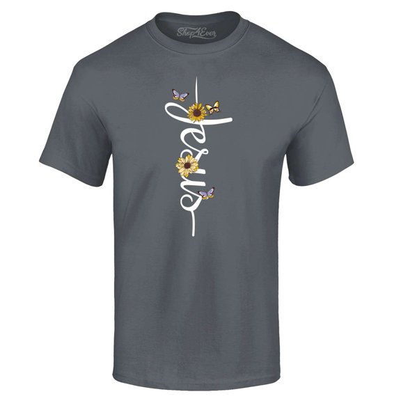 Shop4Ever Men's Jesus Script Cross with Flowers and Butterflies Graphic T-shirt XX-Large Black