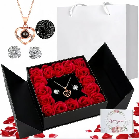 Sdmnsg-T Preserved Rose Gifts for Women, Eternal Flower Rose Box with Heart Necklace, Romantic I Love You Gifts for Her Women Wife Mom Grandma on Valentines Mothers Day Birthday Anniversary