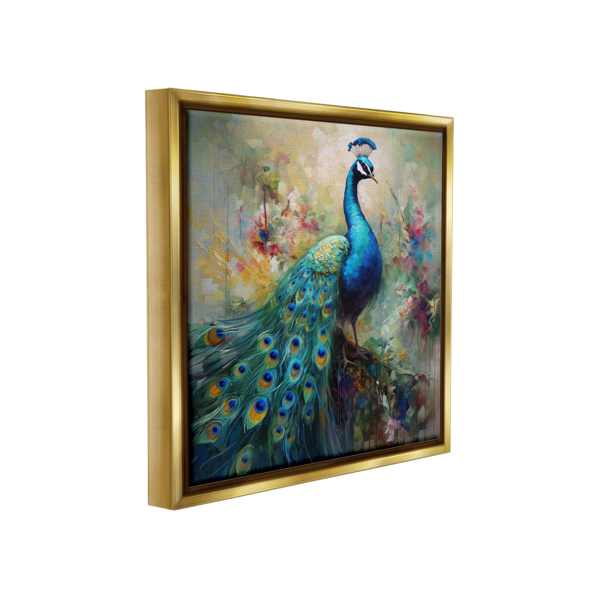 Stupell Industries Floral Peacock Pattern Animals & Insects Painting Gold Floater Framed Canvas Art Print Wall Art, 18 x 18