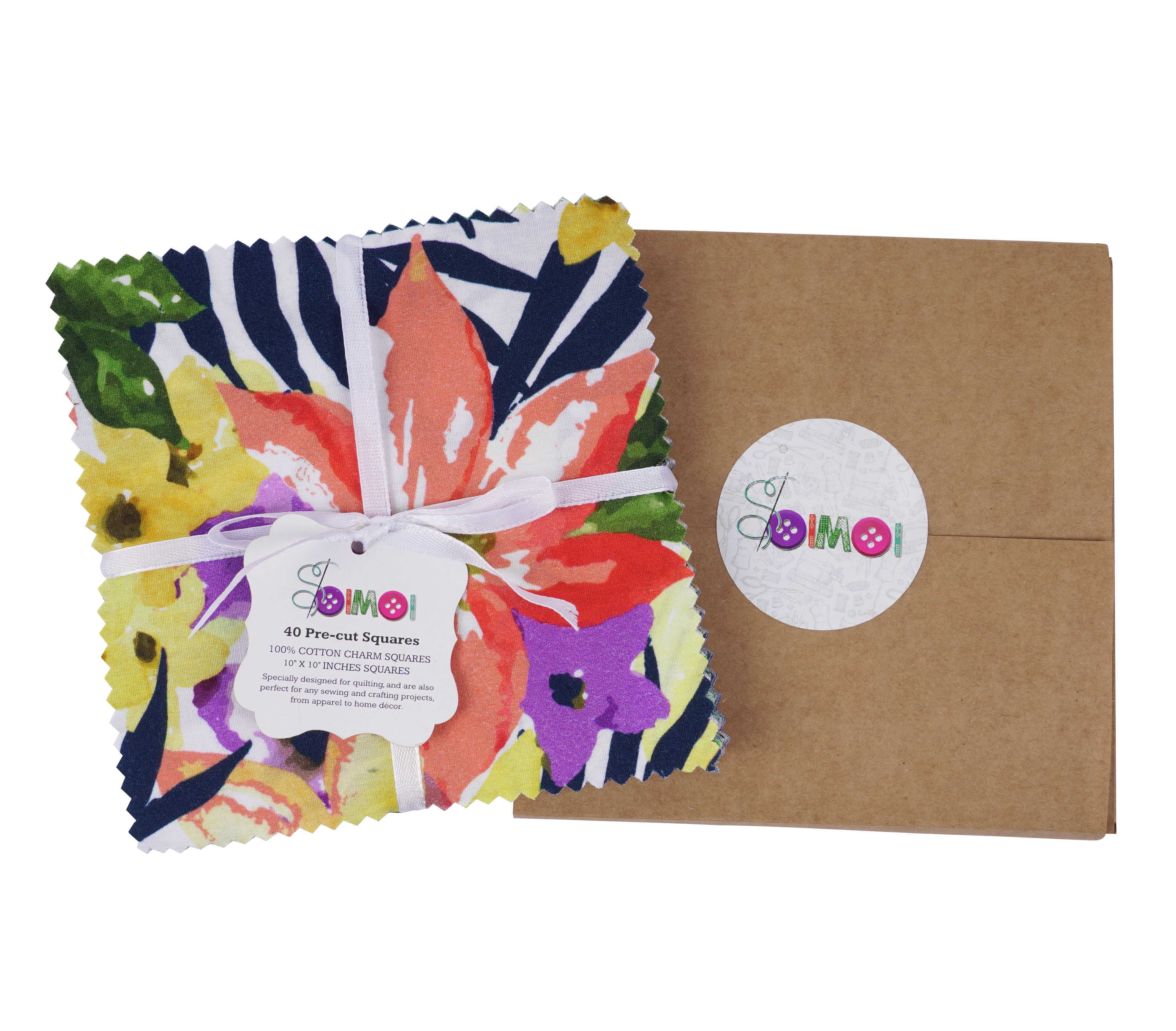 Soimoi Precut 10-inch Tropical Prints Cotton Fabric Bundle Quilting Squares Charm Pack DIY Patchwork Sewing Craft- Multicolor-JK