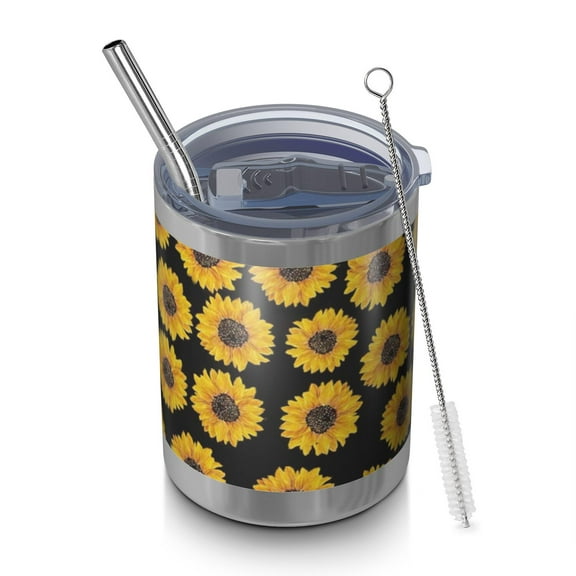 12oz Tumblers Black Small Sunflower Pattern Vacuum Insulated Stainless Steel Travel Tumbler Cups Mug with Lid and Straw for Beer,Coffee,Beverages with Cleaning Brush for Cold & Hot Drinks