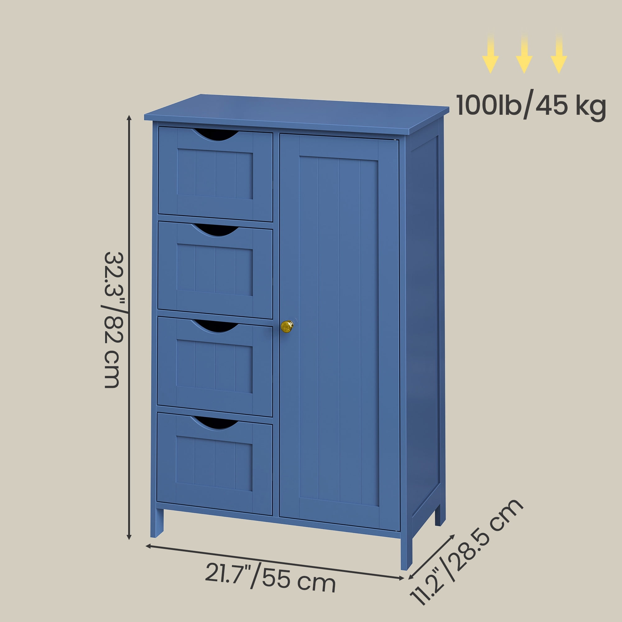 LEDREM Bathroom Floor Cabinet, Wooden Freestanding Side Storage Organizer with 4 Drawers and Adjustable Shelves for Bathroom,Blue