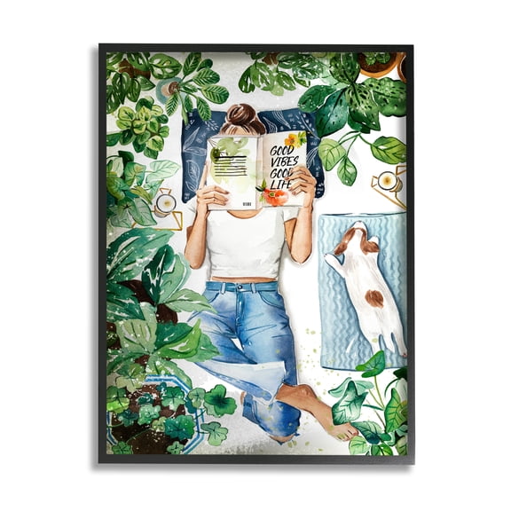 Stupell Industries Girl Reading Book with Dog Literature & Film Painting Black Framed Art Print Wall Art, 24 x 30