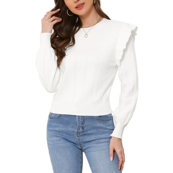 Cropped Sweaters for Women Pullover Crew Neck Cute Ruffle Long Sleeve Knit Sweater Tops Casual Outfits 2025 S White