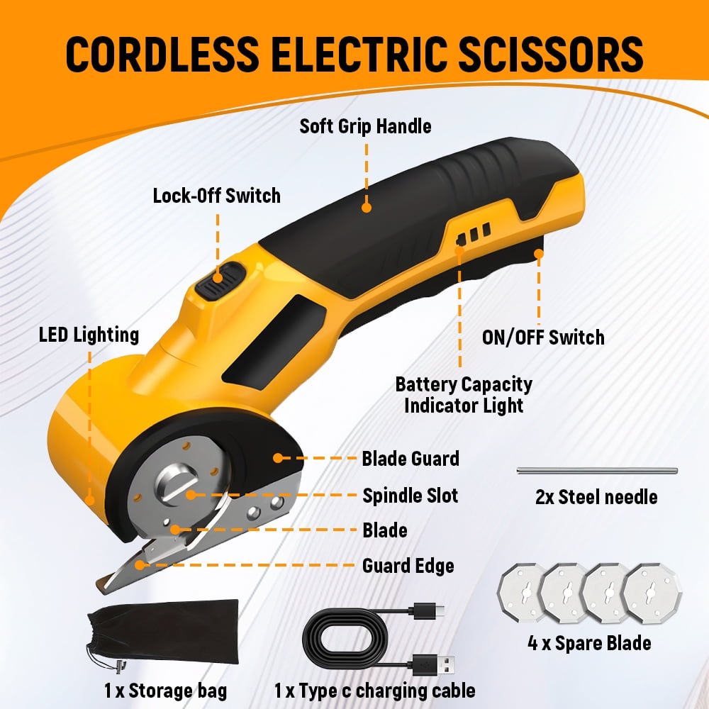 Cordless Electric Scissors,Cardboard Cutter, Rechargeable Cardboard Cutter, 4 Blades, Safety Lock & LED Light, Box Cutter for Carton Carpet Plastic Fabric Leather(Yellow）