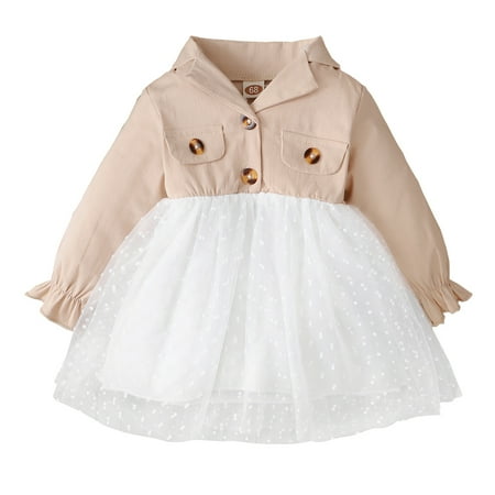 

KIMI BEAR Newborn Baby Girls Dress 9 Months Newborn Girls Spring Dress 12 Months Newborn Girls Casual Lapel Long Sleeve Mesh Stitching Dress Apricot