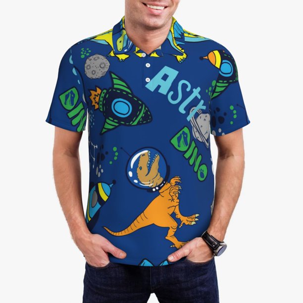 Balery Dinosaur In Space Camisa Polo de Hombre con Estampado, de Manga Corta y Tejido Medio, Camisa Tipo Golf Polo-3X-Large