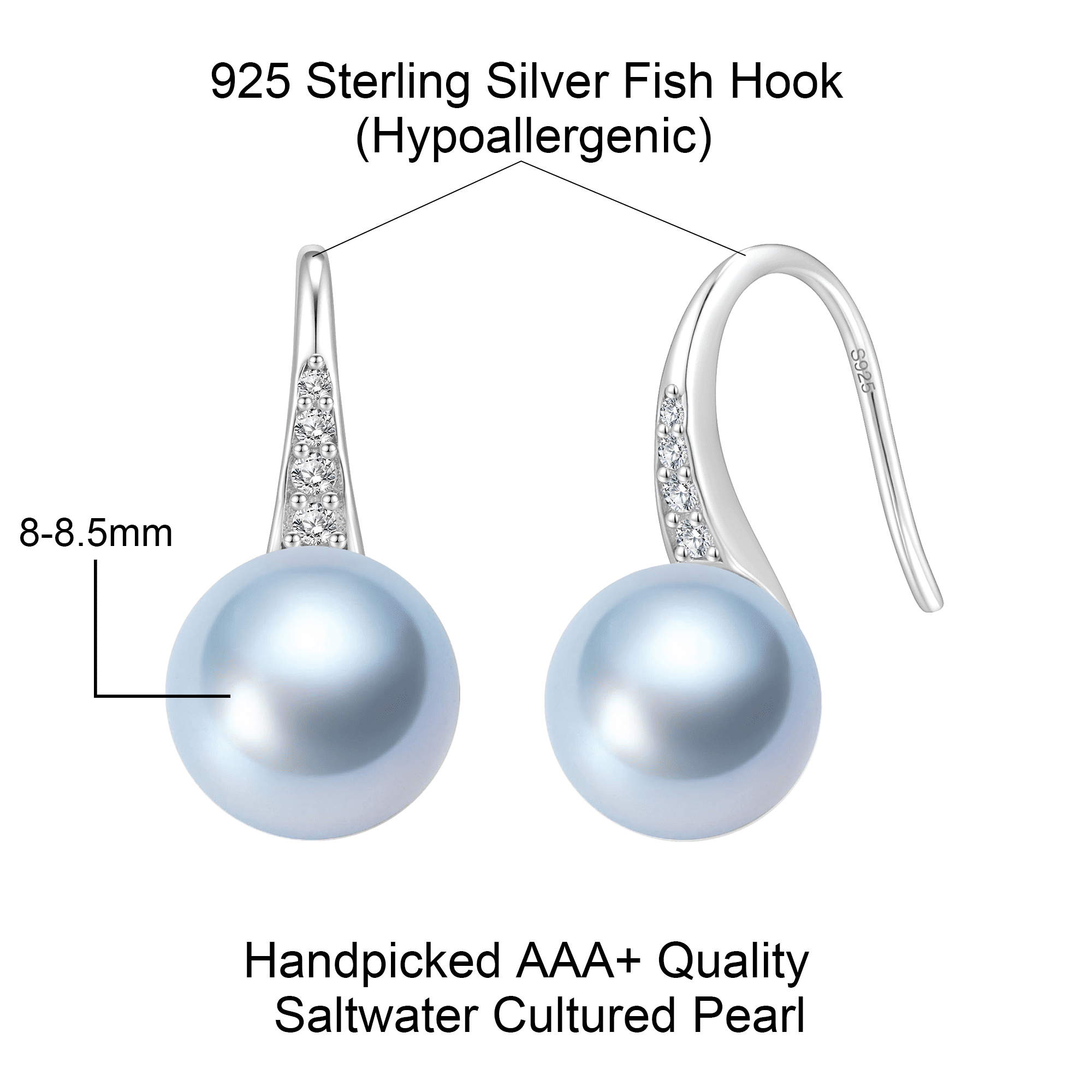 YAMI7.5-8 mm Blue Pearl Earrings, 925 Sterling Silver Drop Dangle Earrings with CZ, Cultured Pearl Jewelry Gift for Women