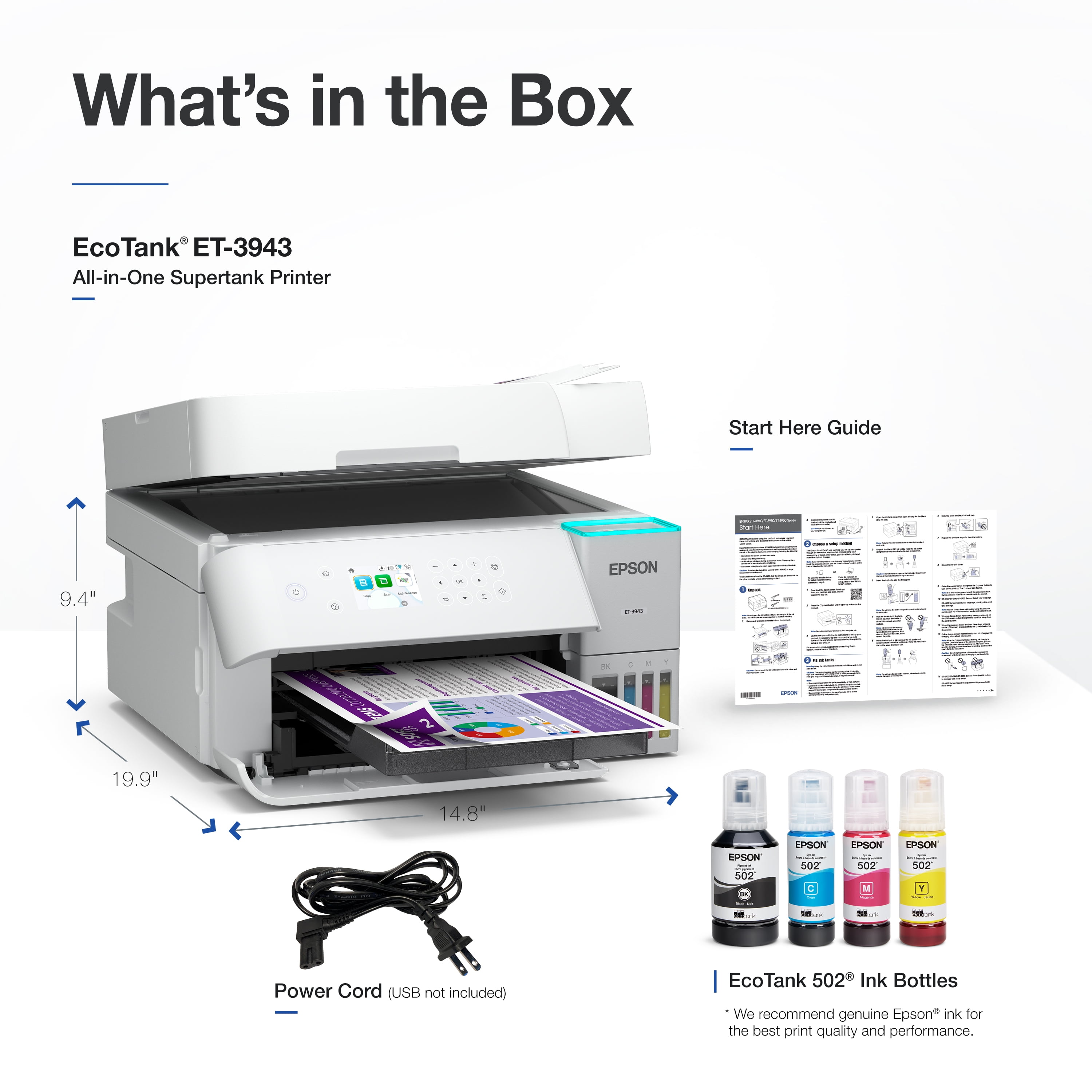 Epson EcoTank ET-3943 Wireless All-in-One Color Supertank Printer – White