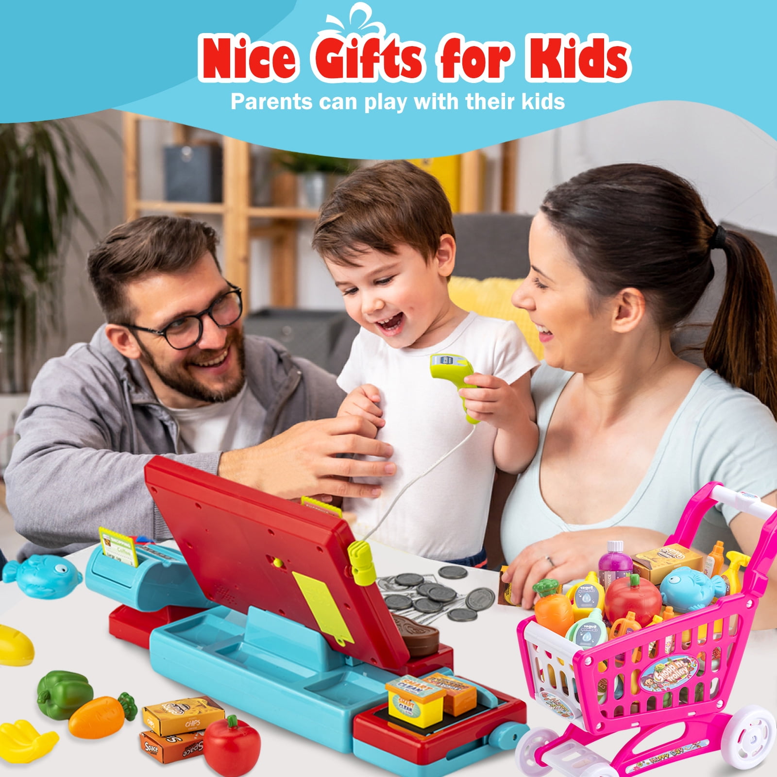 Interactive Kids Cash Register with Real Calculator & Scanner | Pretend Play Store with Music, Food & Shopping Cart | Educational Toy Gift for Ages 3-8 (Red & Blue)