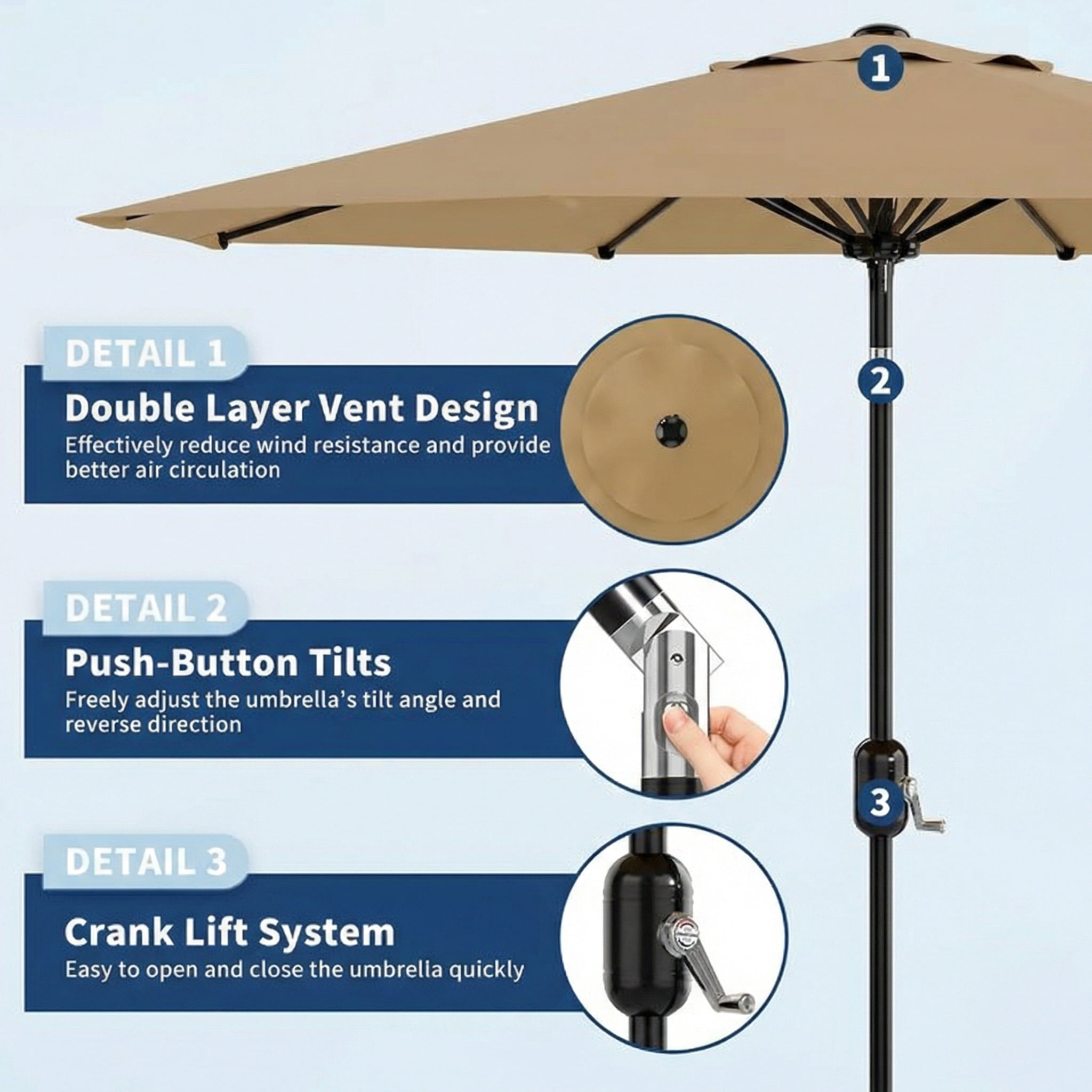 10 ft Patio Umbrella,8 Ribs Outdoor Market Table Umbrella with Crank Lift Push Button Tilt,Tan