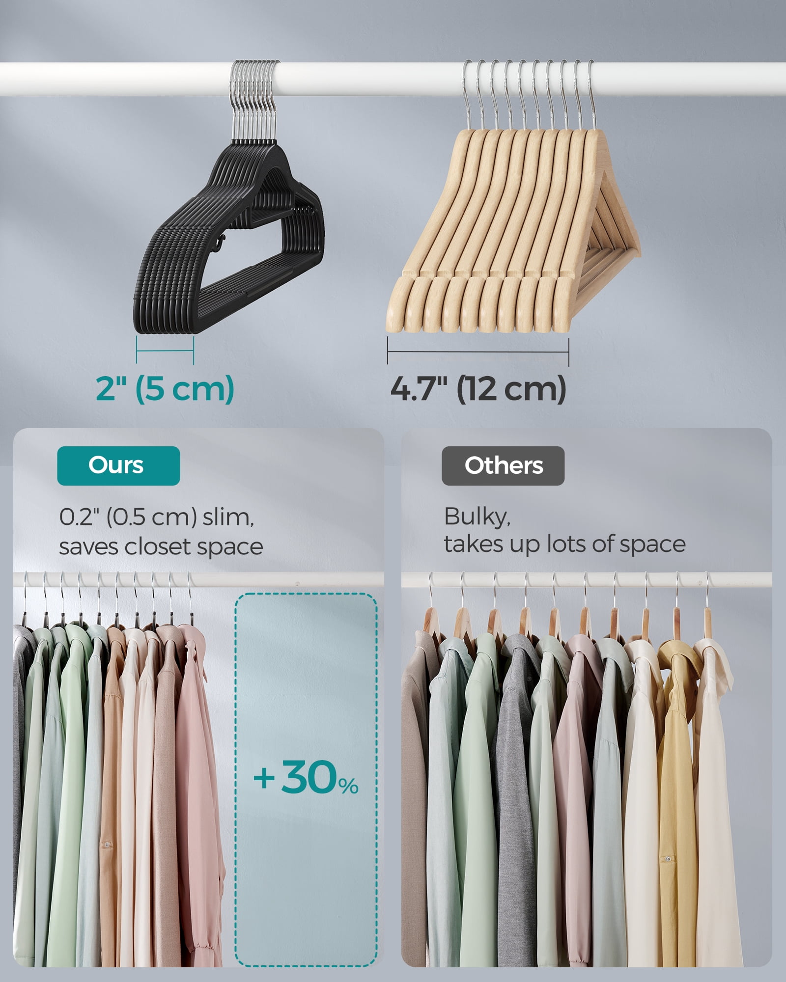 50 Pack Coat Hangers Non-Slip Clothes Hangers Space-Saving Plastic Hangers 360°Swivel Silver Hook Black