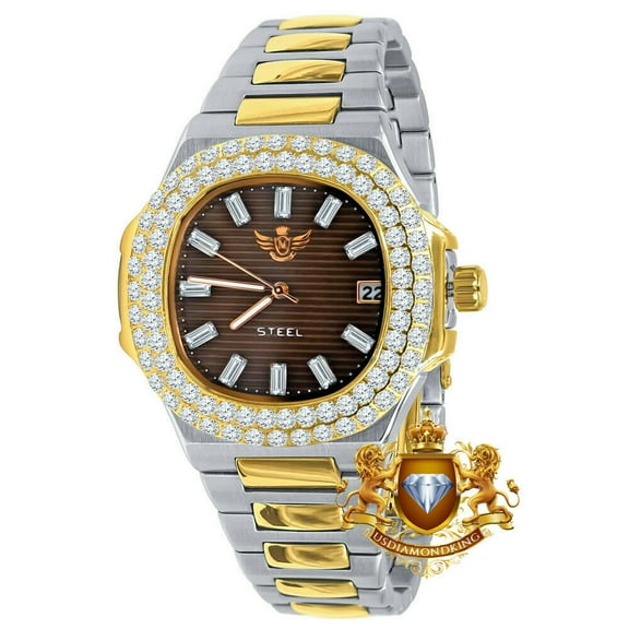 Men's Solid Steel Brown Face 18K 2 Tone Gold Simulated Diamond 36mm Watch W/Date