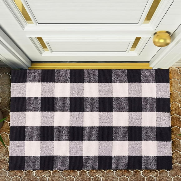 shiyou-Cotton Reversible Checkered Rug Soft Washable Buffalo Plaid Indoor Outdoor Entryway Door Mat Black and White Rug - 27.5 X 43 Inches