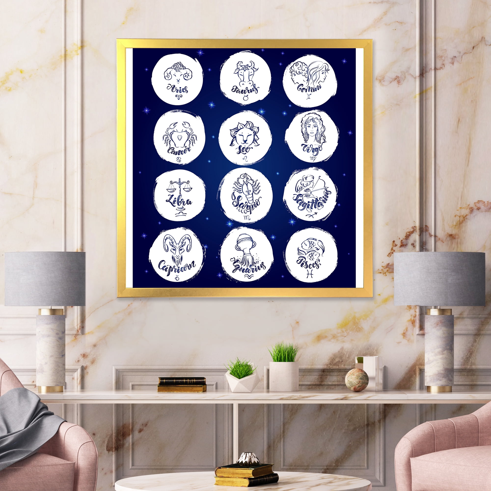 Designart 'Zodiac Diagram & Signs On Blue' Modern Framed Art Print