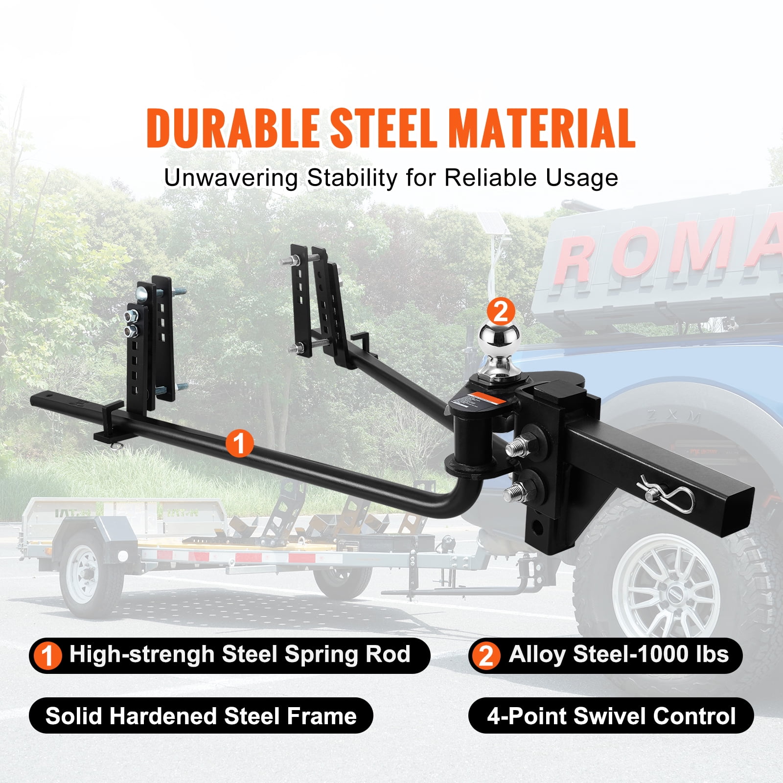 KFFKFF Weight Distribution Hitch, 1,000 lbs Capacity with Sway Control, 2-Inch Solid Steel Shank, 2-5/16 Inch Alloy Steel Ball, Durable Powder-Coated Load Leveling Hitch, Black