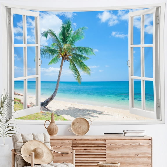 HVEST Summer Beach Tapestry Wall Hanging Blue Ocean Sky Seaside Window Landscape Wall Tapestry for Bedroom Tropical Palm Tree Tapestry for Living Room College Dorm Home Decor,60x40 inch