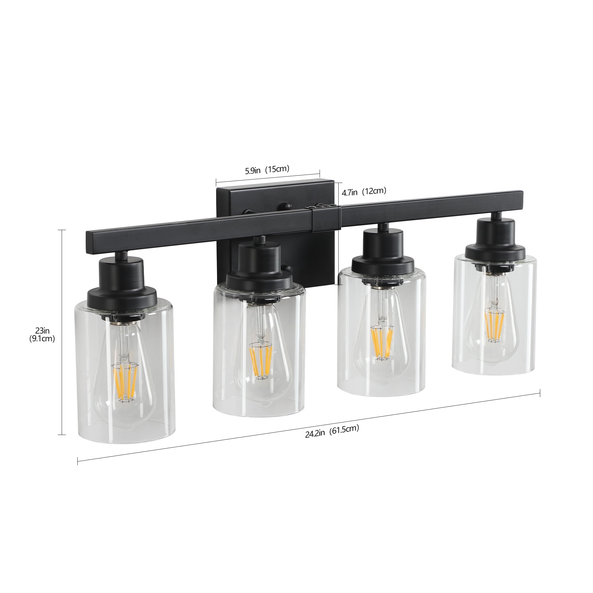 Miniyam 24 in. W 4 Light Bathroom Vanity Light Fixture Black Wall Sconce with Clear Glass Shades for Hallway Bedroom, E26, No Bulbs Included
