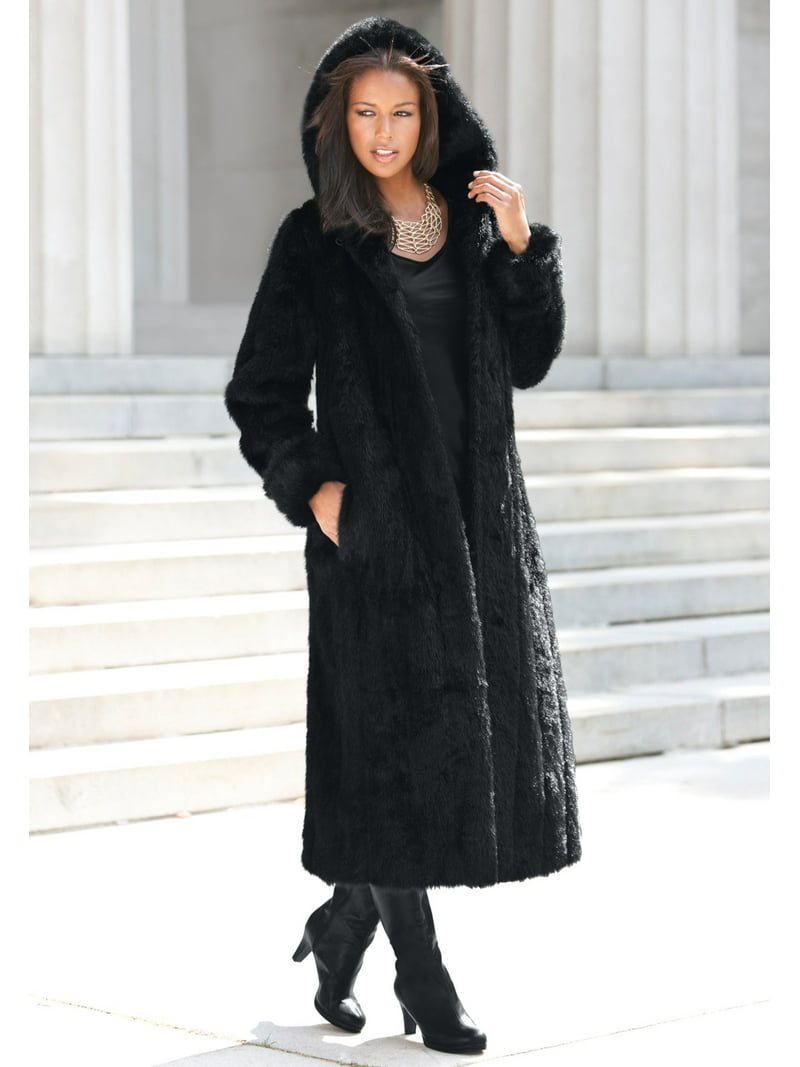 Black Plus Size Hooded Faux Fur Coat Roaman's Women's Plus