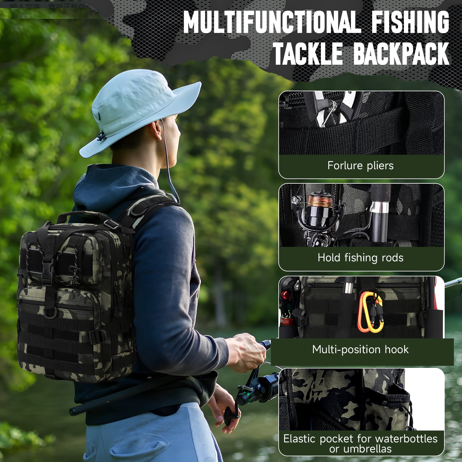 YTAKY 45L Fishing Bag, Fishing Backpack with Rod Holder, Waterproof, Fishing Tackle bags, Breathable Shoulder Sling Fishing Gear Bag Green