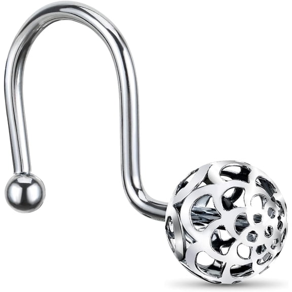 Chictie Silver Shower Curtain Hooks - Oil Rubbed Chrome Decorative Shower Curtain Rings.Set of 12 Bling Metal Rustproof Shower Hangers for Bathroom Curtains Rods Hollow Ball Design