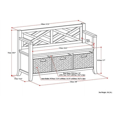 Simpli Home - Adrien Solid Wood 47 inch Wide Transitional Storage Bench with Basket Storage - Espresso Brown