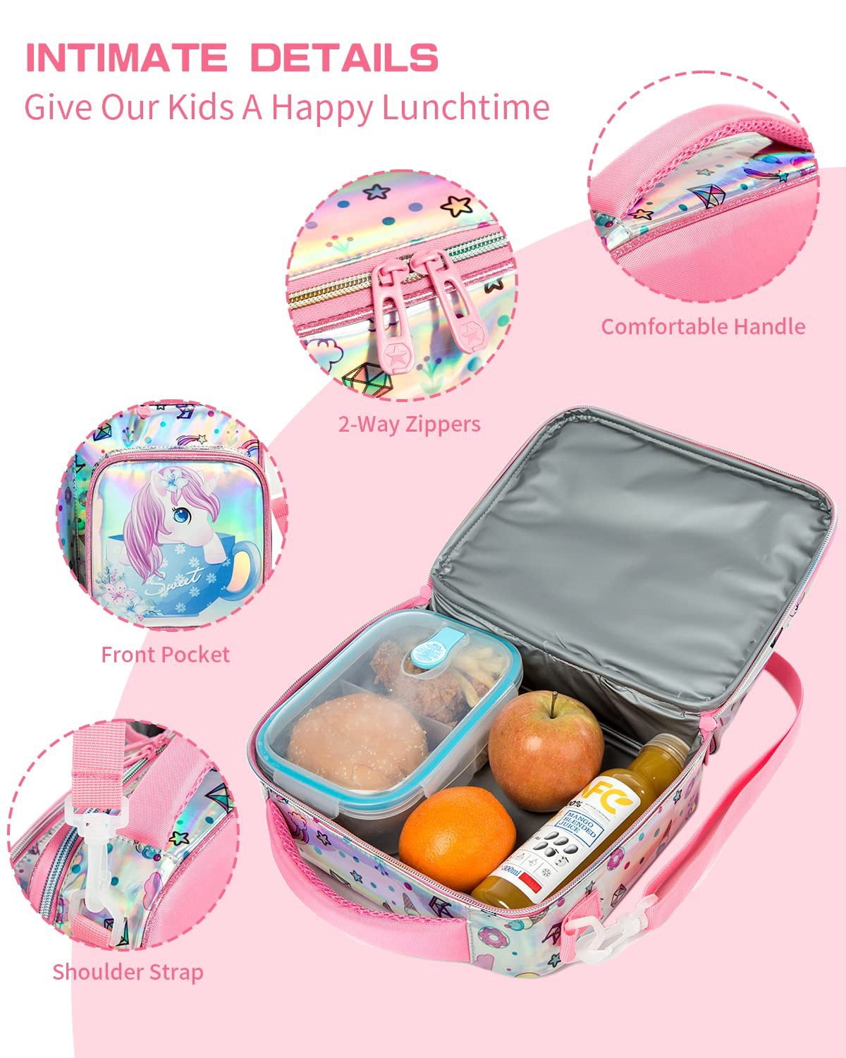 IvyH Kids Insulated Lunch Bag With Bottle Holder Adjustable Shoulder Strap Reusable Water Resistant Cartoon Lunchbag