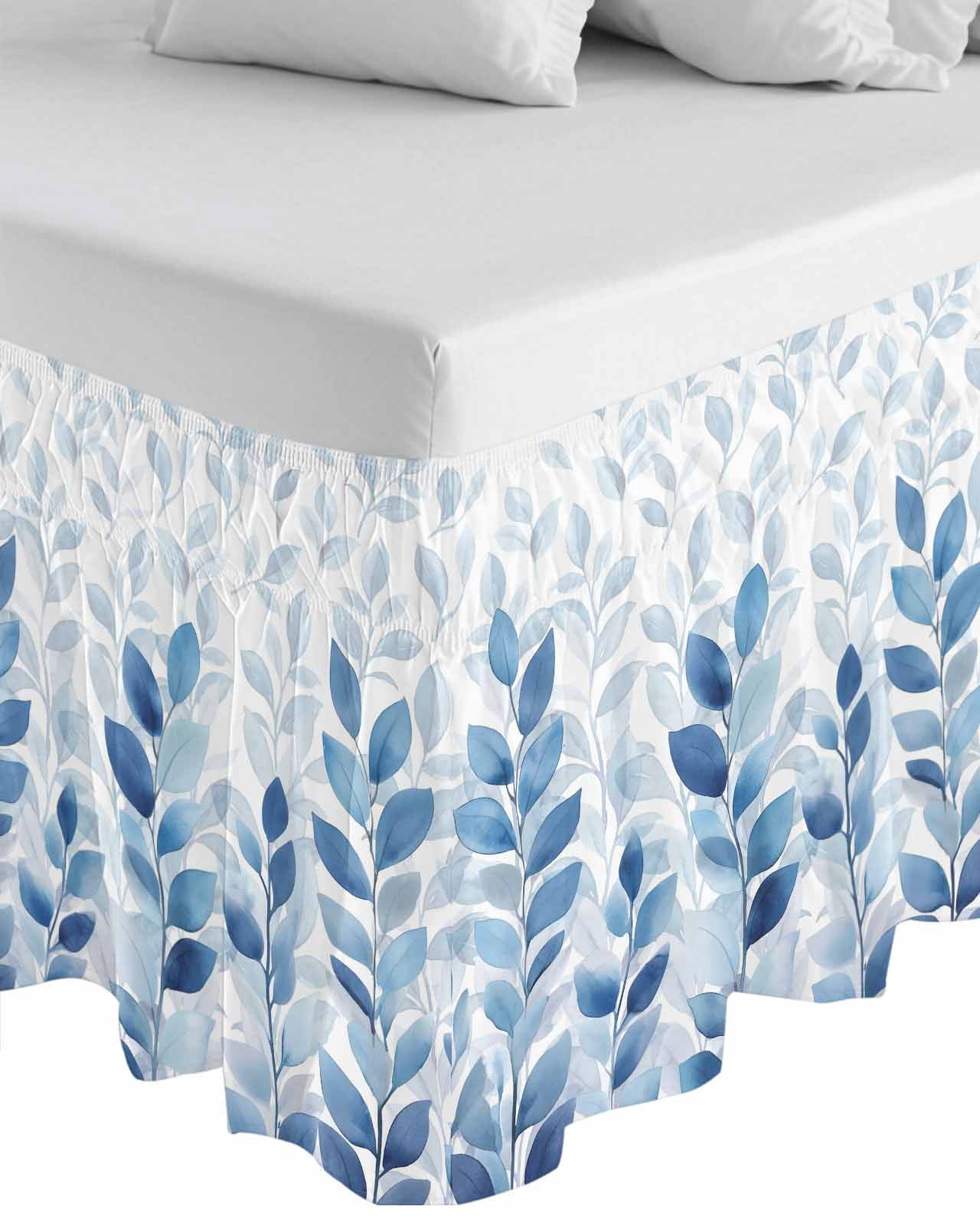 Blue Leaf Bed Skirt Queen Size, Watercolor Country Plant Monochrome Branch Wrap Around Bed Skirting with Adjustable Elastic Strap, Dust Ruffle Pleated Bedskirts 16 Inch Drop for Bedroom Queen Beds