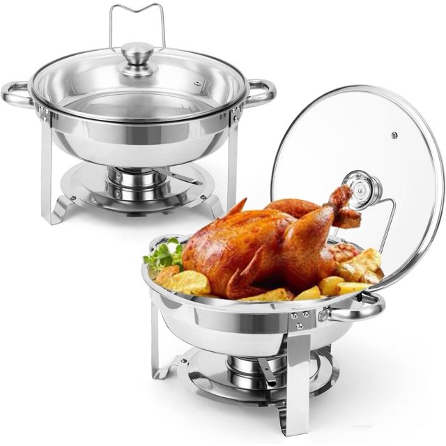 Ensemble de 2 Casseroles pour Buffet, Casseroles Rondes de 5 Qt pour Buffet avec Porte-Couvercle et Couvercle en Verre, Ensembles de Casseroles et Réchauds de Buffet en Acier Inoxydable pour Fêtes, Mariage, Camping, Souper, Acier Inoxydable