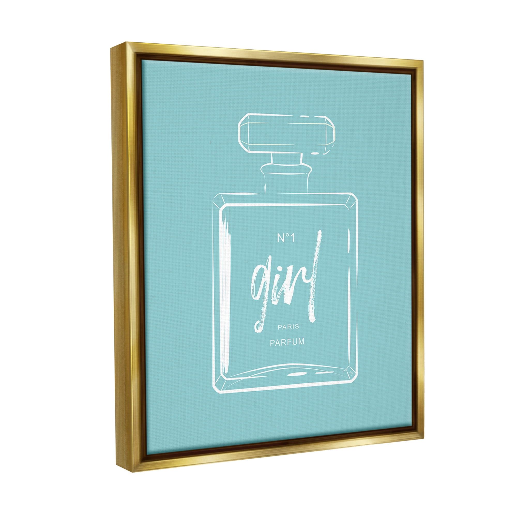Stupell Industries Perfume Bottle on Blue Beauty & Fashion Painting Gold Floater Framed Canvas Art Print Wall Art, 25 x 31