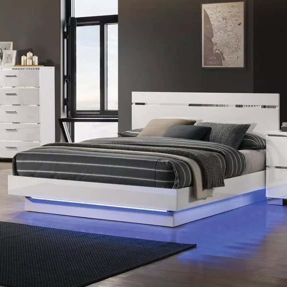 Contemporary Style White Eastern King Size Bed 1pc Low Profile Platform Bedframe High Gloss LED Bedroom Furniture