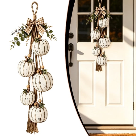 Rustic Wooden Pumpkin Door Hanging, Rustic White Pumpkin Hanging Swag, Fall Decor Gift, Farmhouse Porch Front Door Decoration Home(White Standard)