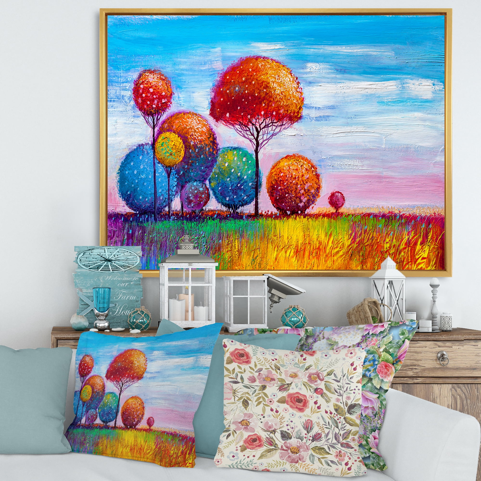 Designart 'Ornamental Colourful Trees IX' Modern Framed Canvas Wall Art Print