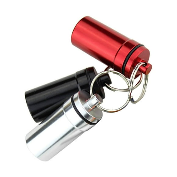 EeaseMX 3 minibotellas de pastillas, impermeables, de aleación de aluminio, con llavero, dispensador de medicamentos (rojo, plateado y negro)