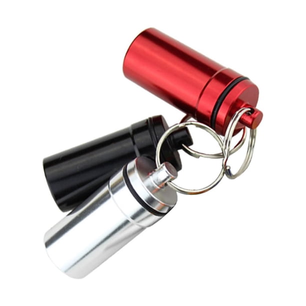 EeaseMX 3 minibotellas de pastillas, impermeables, de aleación de aluminio, con llavero, dispensador de medicamentos (rojo, plateado y negro)