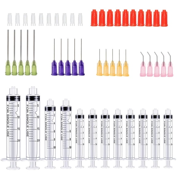 SKYPRO Luer Lock Disposable Syringes with Blunt Tip Needles and Caps, 52 Pcs, 5ml 10ml 20ml, 14ga 20ga 21ga 23ga, for Liquids Oil Glue