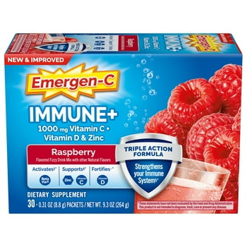 Emergen-C Immune  Triple Action Immune Support Powder, Betavia (R), 1000Mg Vitamin C, B Vitamins, Vitamin D and Antioxidants, Raspberry – 30 Count