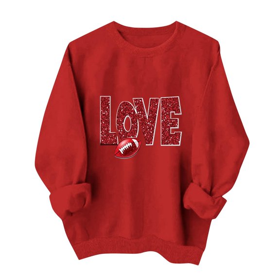 Gamivast Crewneck Sweatshirts Women Sparkly Love Football Print Crew Neck Long Sleeve Pullover Tops Casual Daily Athletic Workout Outfits