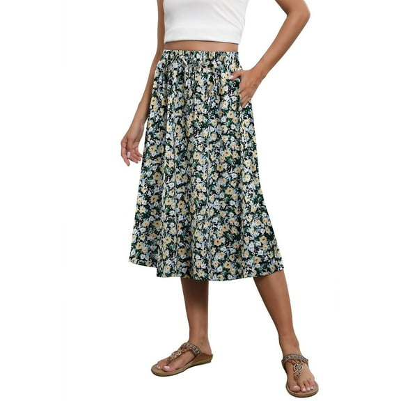 Flowy Skirt Midi Length Elastic High Waist A-Line Skirt with Pockets for Women, Printed Design for Beach and Casual Wear,Army Green,Size L