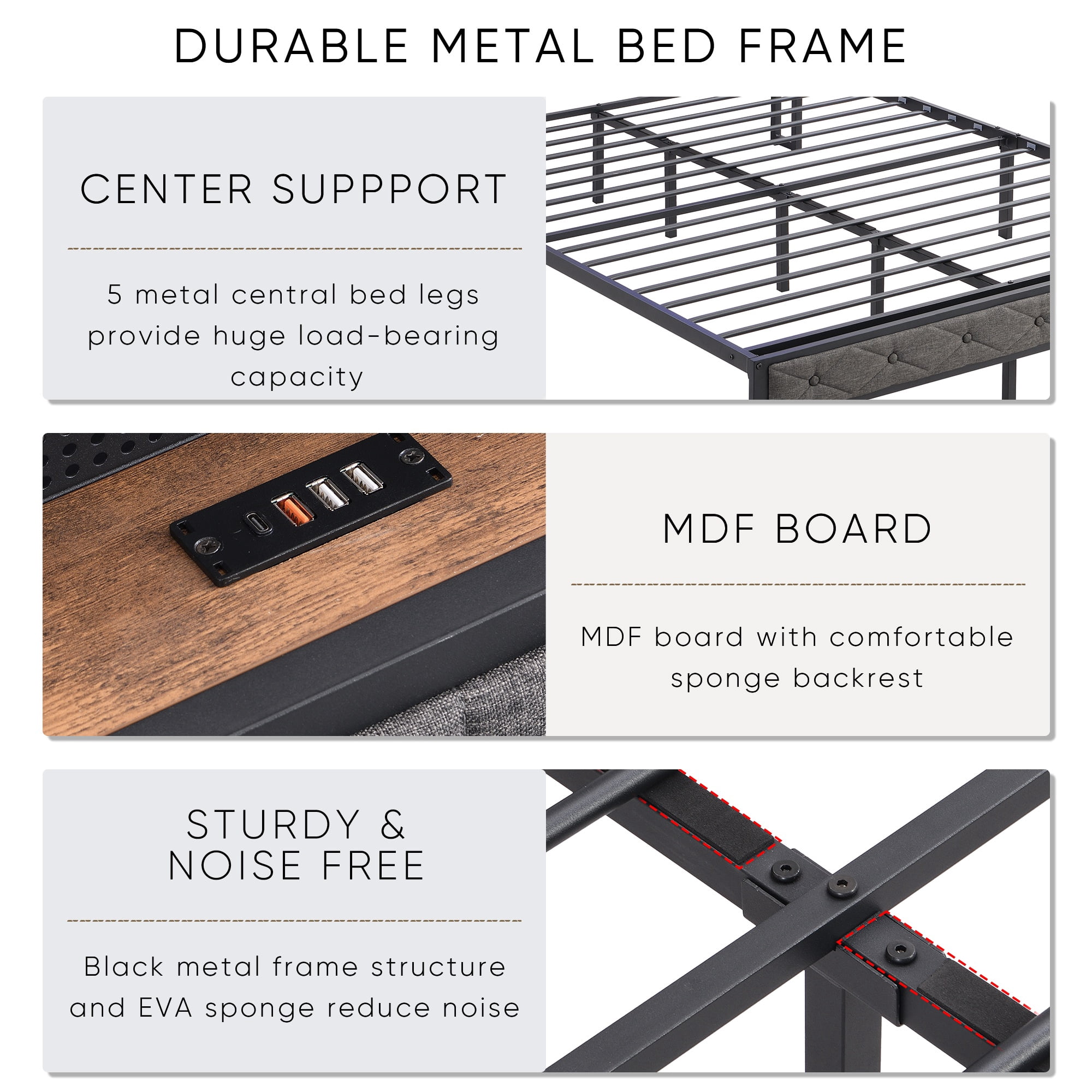 Full Bed Frame with Headboard,Led Lights,Charging Station,Upholstered Platform Bed,Solid and Stable, Noise Free, No Box Spring Needed, Easy Assembly